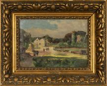 EDWARD JOSEPH HEAD (1863-1937) oil on board - landscape with fishing boats and figures, applied name