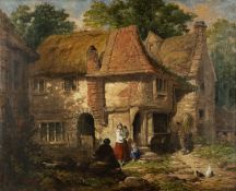 HENRY E. HOBSON (1820-1870) mixed media - a Victorian homestead with figures and poultry, signed and