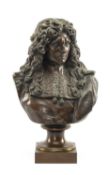 AFTER LOUIS GUILLAUME, bronze bust of Carolean gentleman, in shoulder length wig and wearing puritan