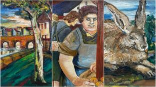 ‡ PETER ARNOLD oil on board - town scene with river and bridge, signed and dated '86, 34 x 44cms,