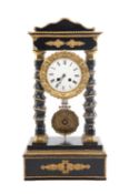 FRENCH EBONISED & GILT METAL MOUNTED PORTICO CLOCK, Roman enamel dial in rococo bezel, four