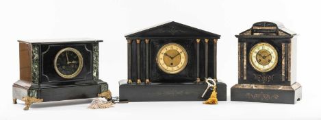 THREE BELGIAN SLATE MANTEL CLOCKS, one of architectural form, dial set within six columns, 32 (h)