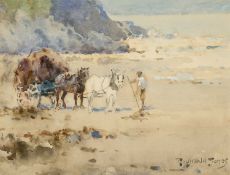 T. REGINALD JONES R.B.A (1857-1920) watercolour - seaweed gathering horse cart on the shoreline with