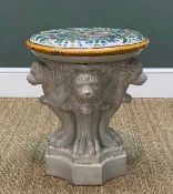 CINTINENTAL FAIENCE STOOL, colour floral decorated 'cushion' seat, on triple winged lion support and