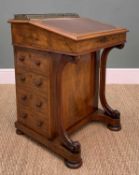 LATE VICTORIAN WALNUT DAVENPORT, tulip wood crossbanded inlaid borders, pierced brass gallery,