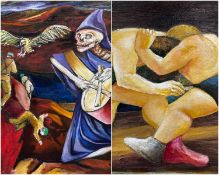 ‡ PETER ARNOLD oil on board - a cloaked skeleton playing the drums, an eagle and other figures,