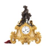 19TH C. FRENCH PARCEL GILT SPELTER AND BRONZE 8-DAY MANTEL CLOCK, Linet, Paris, painted Roman dial