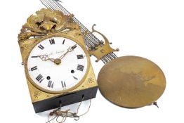FRENCH COMTOISE WALL CLOCK, 'Escolle - Horloger', enamel Roman dial, press metal front, two train