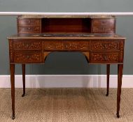 SHERATON STYLE EDWARDIAN INLAID MAHOGANY WRITING DESK, pierced fretwork brass gallery, boxwood