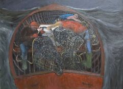 ‡ PHILIP MUIRDEN (1932-2023) oil on canvas - entitled verso, 'Lobstermen', signed, 75 x 100cms