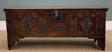 17TH C. BOARDED OAK SWORD CHEST of typical rectangular 6-plank form, iron lock and fittings,