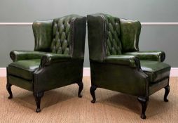 PAIR OF VICTORIAN STYLE WINGBACK ARMCHAIRS, green leather button upholstery, 104 (h) x 83 (w) x