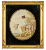 REGENCY SILKWORK PICTURE depicting a child riding a donkey carrying fruit, 23 x 19cms Provenance: