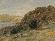 DAVID COX (1783-1859) watercolour - landscape with walking figure and child next to an estuary,