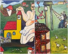 ‡ PETER ARNOLD oil on canvas - an illustration of a horned giant with church and congregation,