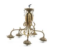 ATTRIBUTED TO W.A.S. BENSON, art nouveau gilt metal and glass 5-branch ceiling light, 40cms (h)