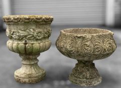 TWO SMALL COMPOSITE STONE GARDEN URNS, tallest 47cms (h) (2) Provenance: consigned via West Wales