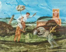 ‡ BARRY EVANS watercolour - surrealist image depicting human figures, creatures and buildings,