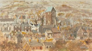 ‡ ANDY SHATTOCK oil on board - a village scene with a large church at the centre, signed and