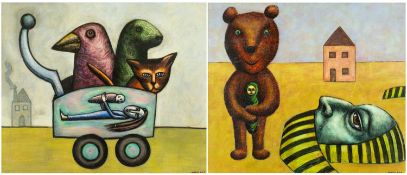 ‡ ERICA DABORN (b. 1951) oil on board - surrealist cart with cats, birds and seal; Teddy bear with