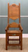 EISTEDDFOD GADEIRIOL PUMSAINT OAK CHAIR, 1995, of narrow proportions, carved date and engraved brass