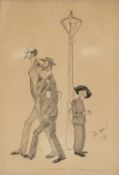 PHIL MAY (1864-1903) ink on paper - Figures under a lamppost, signed and dated '93, 32.5 x 22.5cms