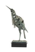WALENTY PYTEL (Polish b. 1941) painted metal sculpture of a bittern on square base with 'Walenty