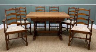 JAYCEE CARVED OAK DRAWLEAF TABLE & SIX DINING CHAIRS, table with carved frieze, six ladderback