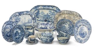 ASSORTED COLLECABLE STAFFORDSHIRE BLUE & WHITE PRINTED POTTERY including Swansea 'Cows crossing