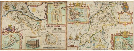 JOHN SPEED, two antique hand coloured engravings - 'Flintshire' map dated 1610 with inset of Saint