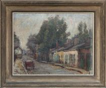 KALMAN KEMENY (Hungarian, 1896-1994) oil on board - terraced cottages and cart, signed, 46.5 x 60cms