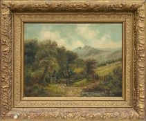 GEORGE AUGUSTUS WILLIAMS (1814-1901) oil on canvas - 'Below Langdale Pikes, Cumbria', encampment