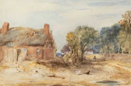 EARLY 19TH C ENGLISH SCOOL, watercolour - An old cottage by a country lane, with chickens and a