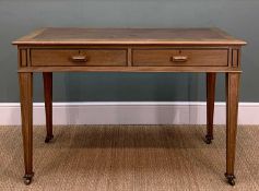 19TH C. MAHOGANY AND ROSEWOOD WRITING TABLE, tooled leather inset top, two frieze drawers, one