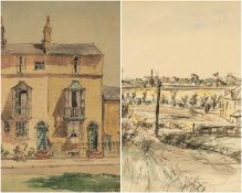 SCHOOL OF ROLAND BATCHELOR RWS (1889-1990) ink and watercolour - Kew Green terraced houses,