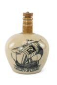19TH C. PORT DUNDAS STONEWARE WHISKY FLASK, caramel neck and buff body printed with galleon