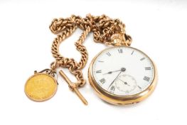9CT GOLD DENNISON OPEN FACED POCKET WATCH, white enamel face with Roman numerals and subsidiary