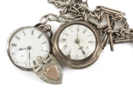 ANTIQUE SILVER PAIR CASED POCKET WATCH marked Betson London with silver trombone link Albert
