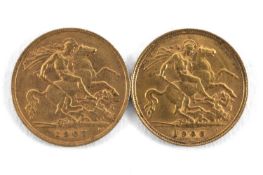 TWO EDWARD VII GOLD HALF SOVEREIGNS, 1905 & 1907, 8.0gms gross (2) GEORGE V GOLD SOVEREIGN, 1912,