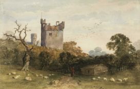 CIRCLE OF WILLIAM EVANS OF ETON (1798-1877) watercolour - view of castle tower ruin with sheep and