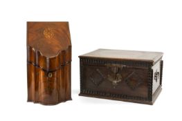 GEORGIAN MAHOGANY SERPENTINE FRONTED INLAID KNIFE BOX, 39 (h) x 22 (w) x 30cms (d) together with a