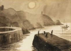 ‡ ALUN DAVIES (Welsh-Pembrokeshire) watercolour - figures fishing in a harbour possibly Porthgain,