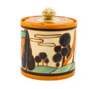 CLARICE CLIFF 'ORANGE TREES & HOUSE' PRESERVE JAR & COVER (2) Provenance: private collection Cardiff