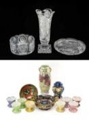 THREE FINE CUT CRYSTAL ORNAMENTS, comprising strawberry cut oval tray with scalloped rim, 28cms (