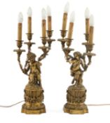 PAIR 19TH C. FRENCH GILT BRONZE FIGURAL 4-LIGHT CANDELABRA, after Claude Michel known as Clodion (
