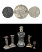 GROUP SILVER WARE & SCULPTURE, including pair Edwardian Corinthian column loaded candlesticks with