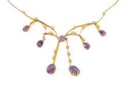 EDWARDIAN 15CT GOLD AMETHYSRT & PEARL NECKLACE, open blade bar frame centred with seed pearls in