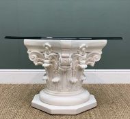 'VERSACE' STYLE GLASS-TOP CORINTHIAN CAPITAL TABLE, 56 (h) x 80cms (dia.) Provenance: private