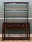 19TH C. WELSH OAK DRESSER, of small proportions, open rack above potboard base, three frieze