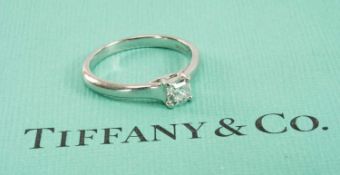 TIFFANY PLATINUM & SOLITAIRE DIAMOND RING, the square mixed cut stone of 0.28cts, with Tiffany COA